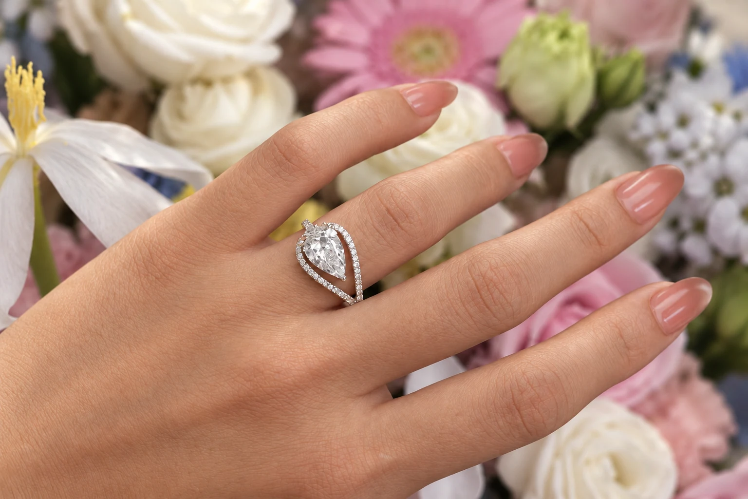 Pear-shaped ring, photographed on a hand against soft flowers